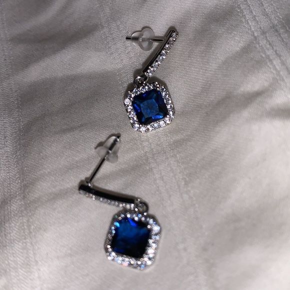 White Gold Blue Gem Square Drop Earrings - Picture 3 of 8